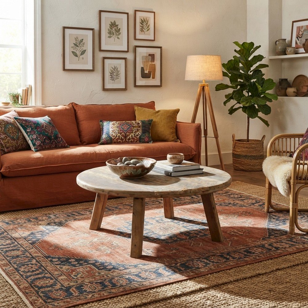 Solid Wood Round Rustic Farmhouse Coffee Table, Distressed Finish, Rustic Brown