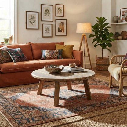 Solid Wood Round Rustic Farmhouse Coffee Table, Distressed Finish, Rustic Brown