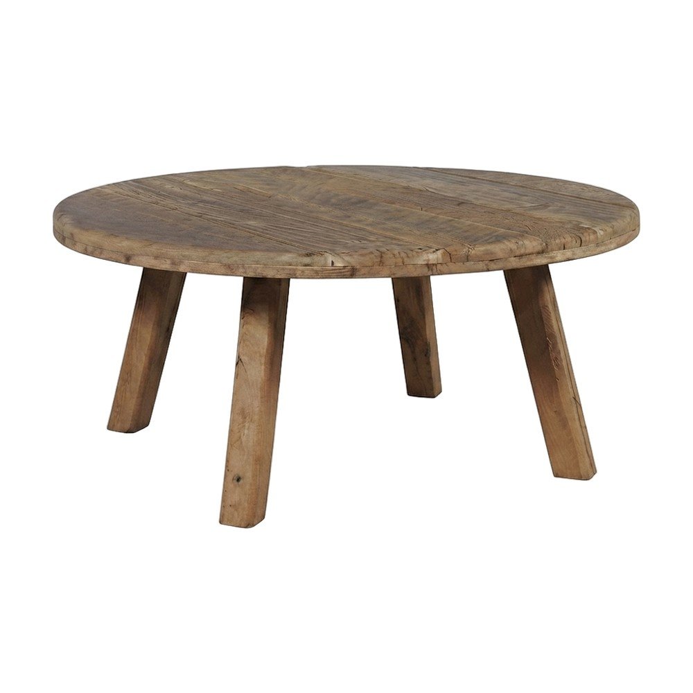 Solid Wood Round Rustic Farmhouse Coffee Table, Distressed Finish, Rustic Brown