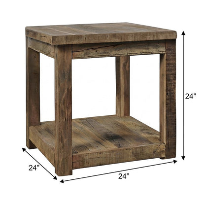 Solid Wood Square End Table with Storage Shelf, Rustic Side Table, Rustic Brown
