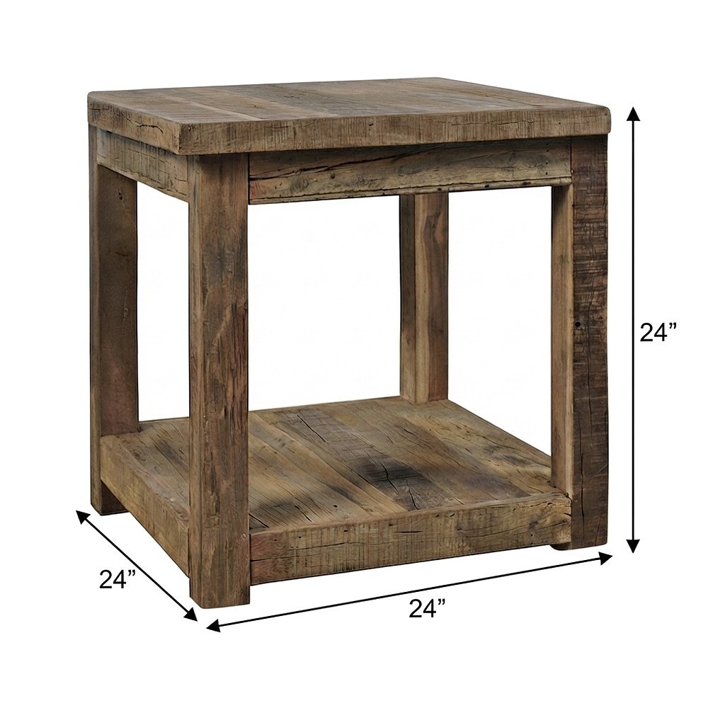 Solid Wood Square End Table with Storage Shelf, Rustic Side Table, Rustic Brown