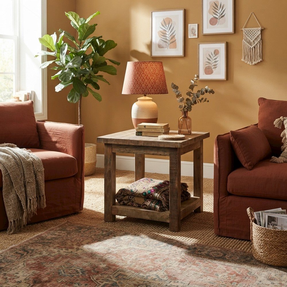 Solid Wood Square End Table with Storage Shelf, Rustic Side Table, Rustic Brown