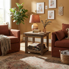 Solid Wood Square End Table with Storage Shelf, Rustic Side Table, Rustic Brown