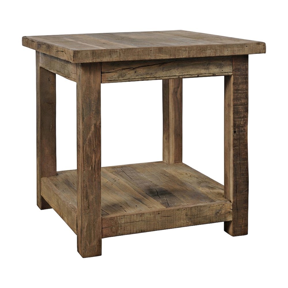Solid Wood Square End Table with Storage Shelf, Rustic Side Table, Rustic Brown
