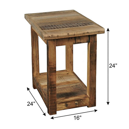 Solid Wood Distressed Rustic Chairside End Table with Storage, Unfinished Brown