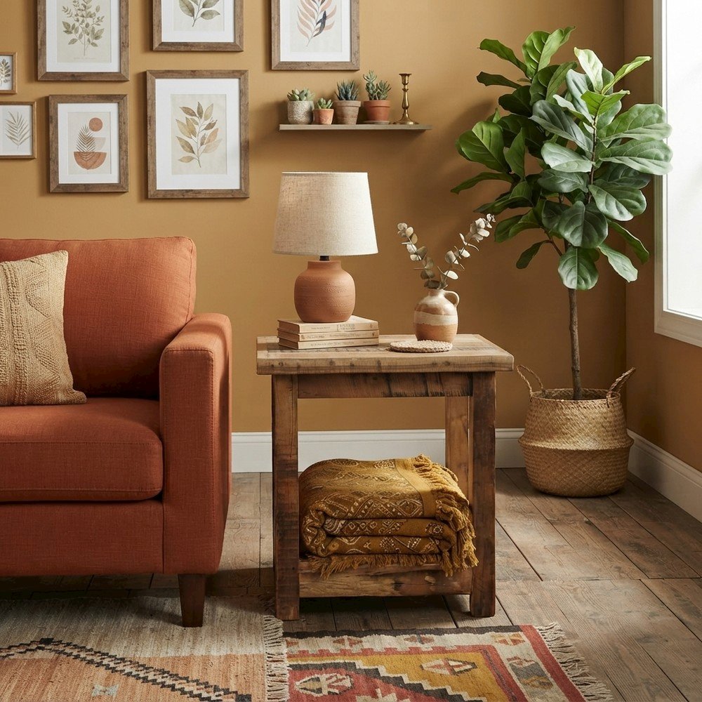Solid Wood Distressed Rustic Chairside End Table with Storage, Unfinished Brown