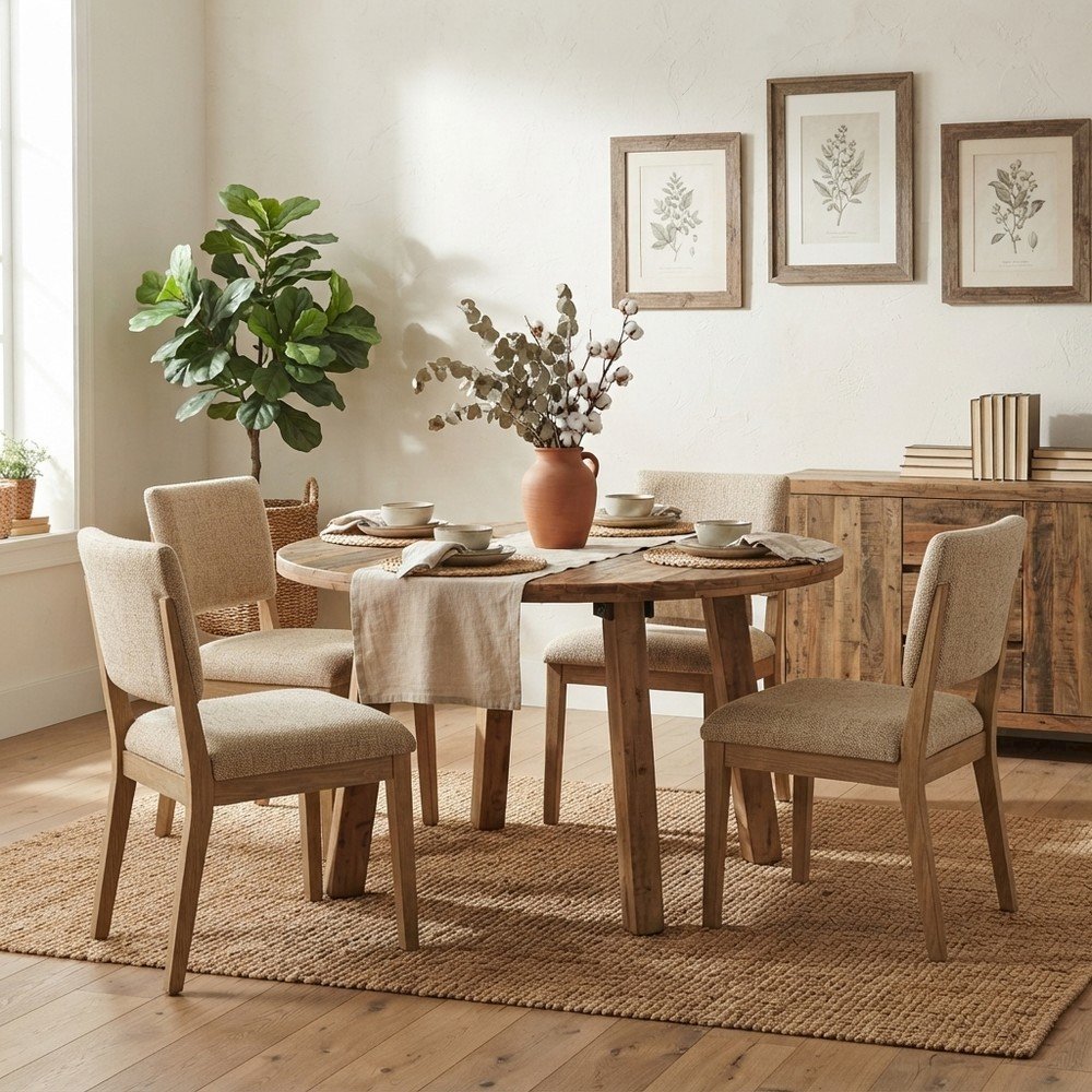 Solid Acacia Mango Wood Round Farmhouse Dining Table, Distressed, Rustic Brown