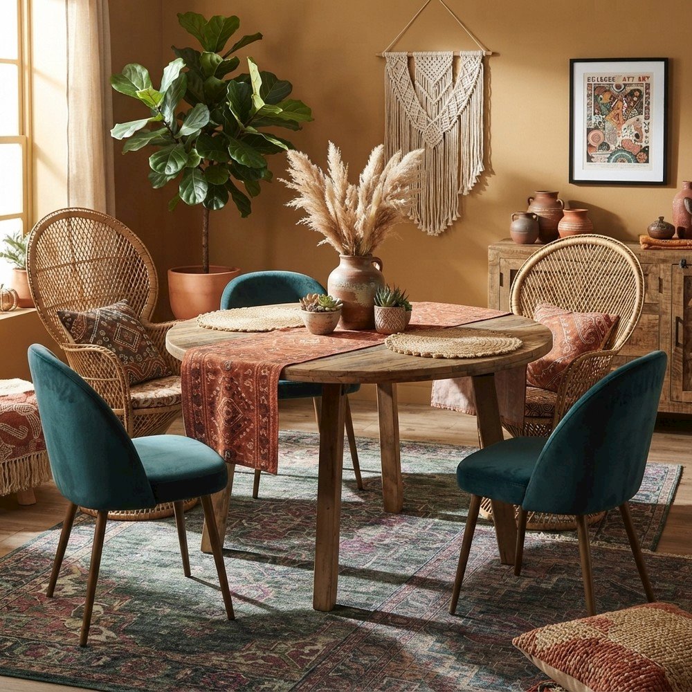 Solid Acacia Mango Wood Round Farmhouse Dining Table, Distressed, Rustic Brown
