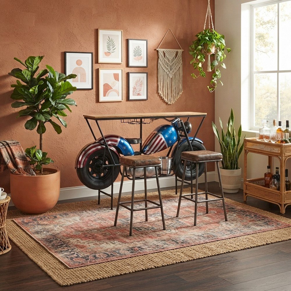 Distressed Mango Wood Iron Industrial Console Table with Wine Rack, Brown