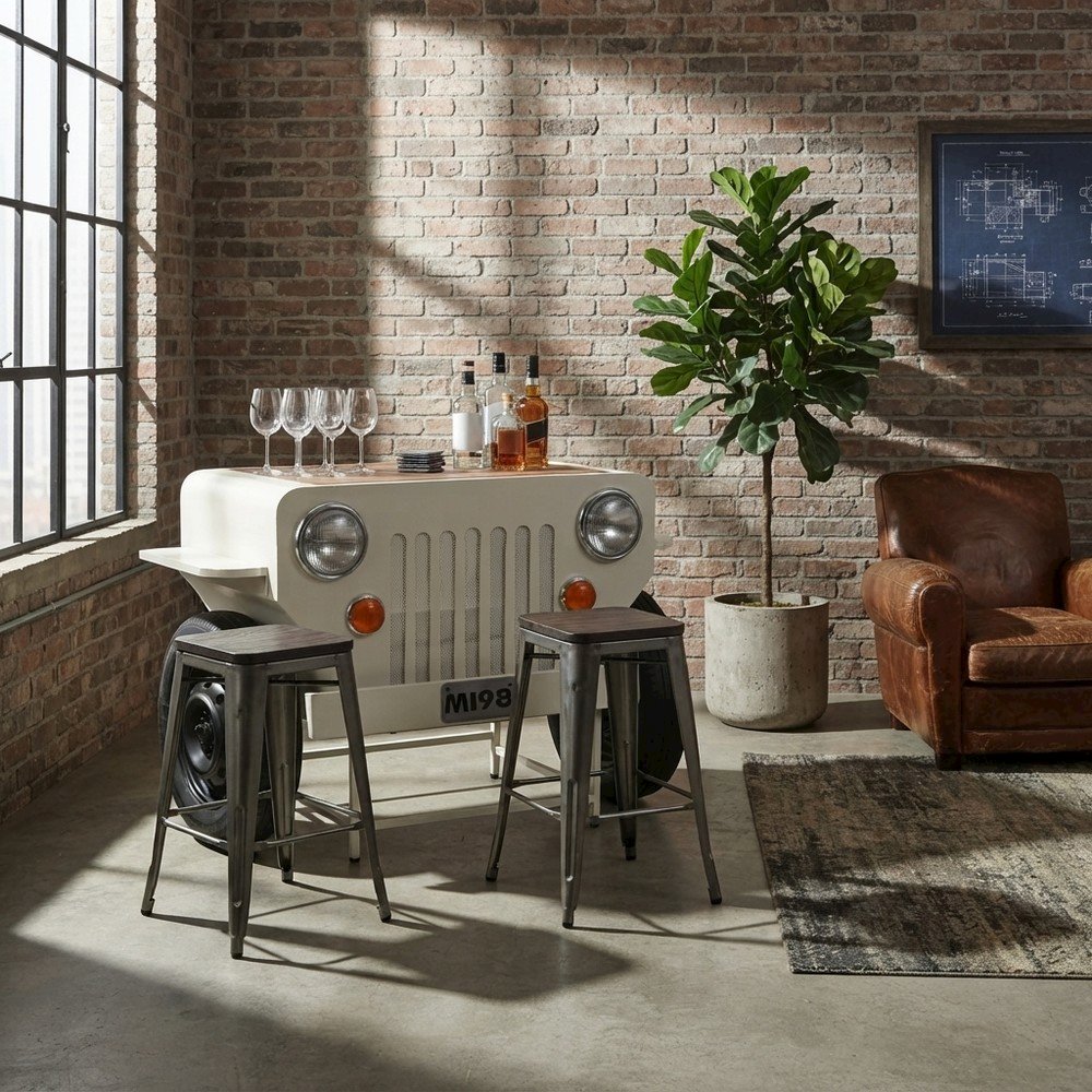 Distressed Mango Wood Iron Industrial Console Table with Wine Rack, White