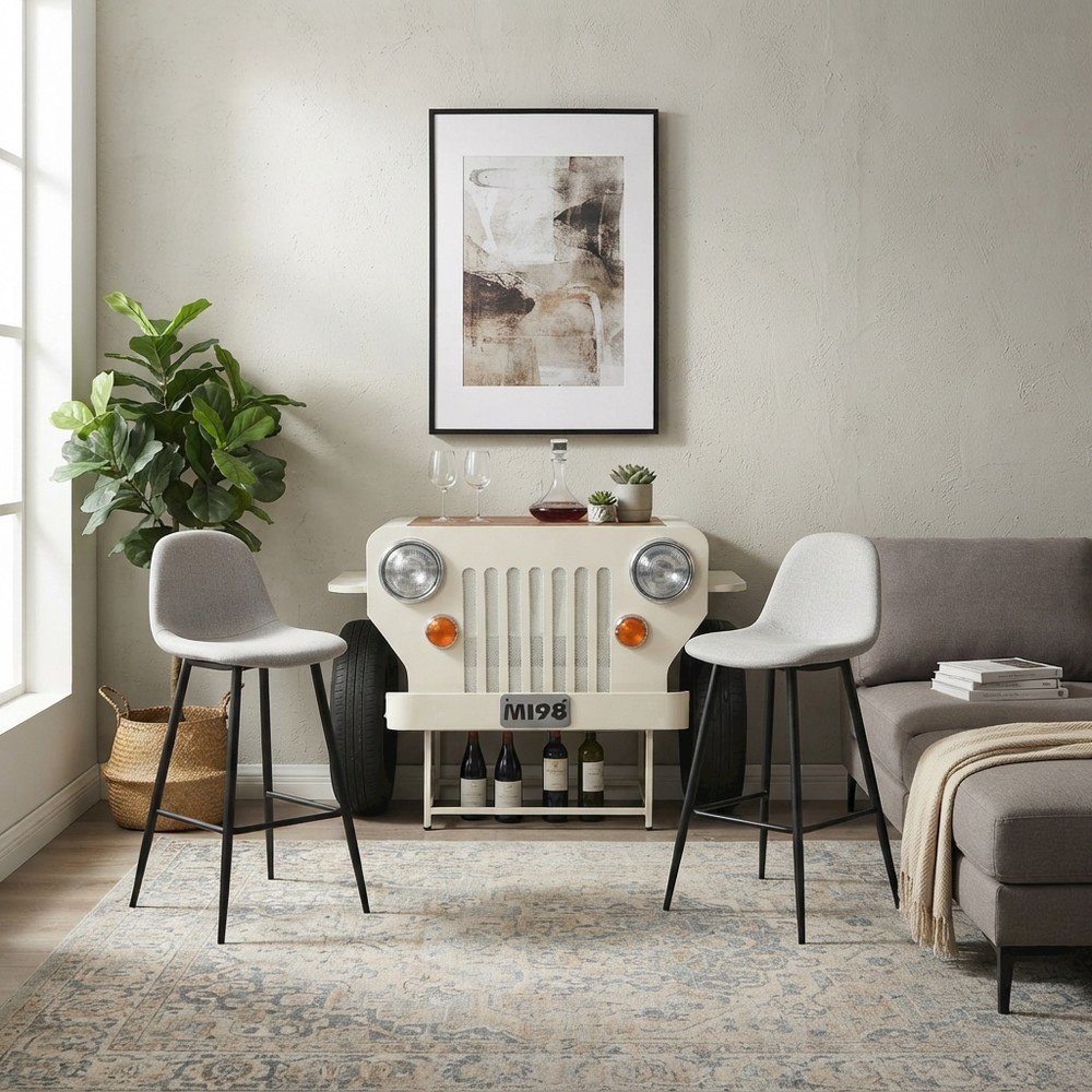 Distressed Mango Wood Iron Industrial Console Table with Wine Rack, White
