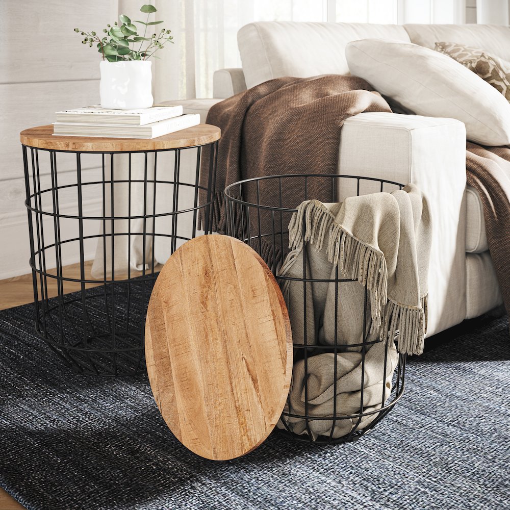 Global Archive Nested Storage Solid Wood and Metal Basket End Tables (Set of 2)