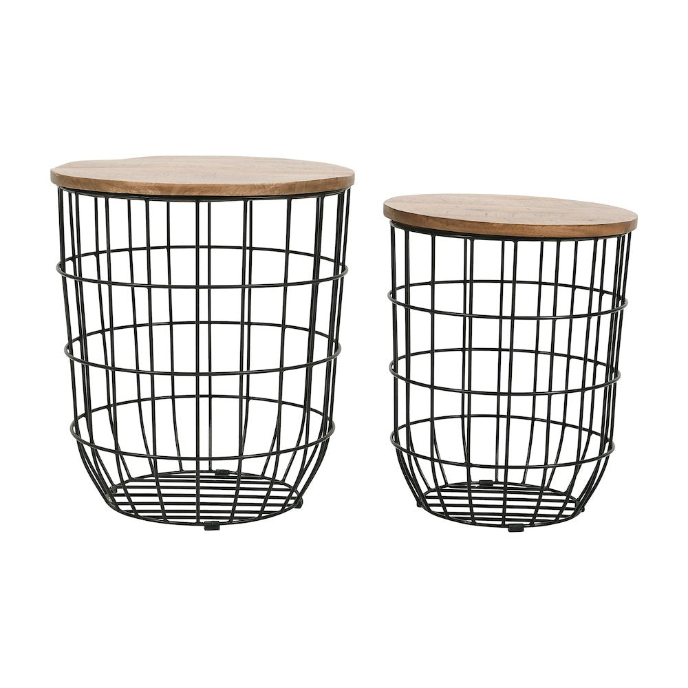 Global Archive Nested Storage Solid Wood and Metal Basket End Tables (Set of 2)