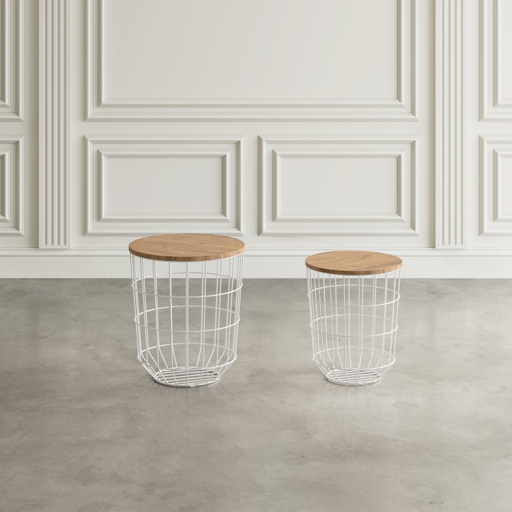 Global Archive Nested Storage Solid Wood and Metal Basket End Tables (Set of 2)