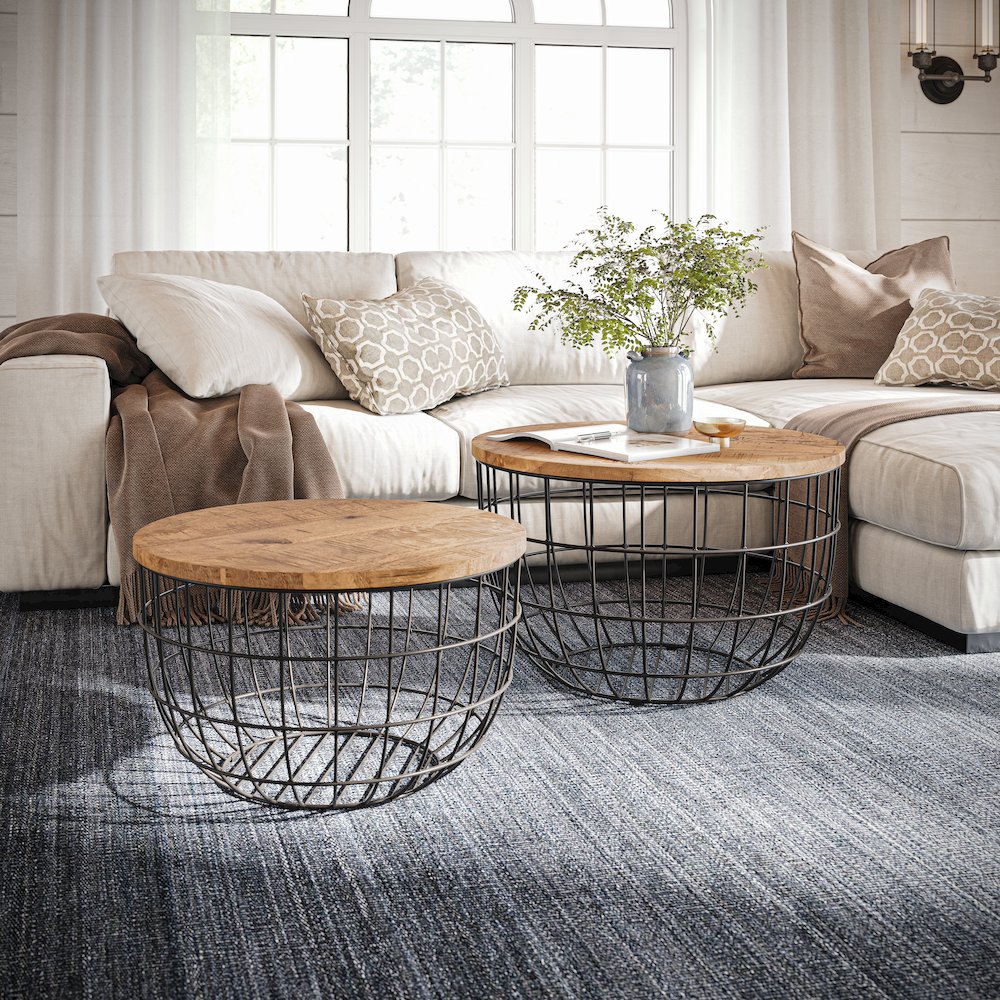 Rondo Nested Storage Solid Wood and Metal Basket Coffee Tables (Set of 2)