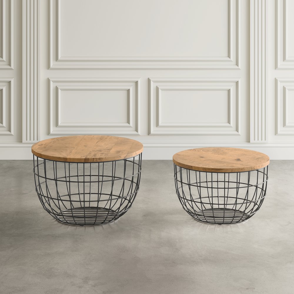 Rondo Nested Storage Solid Wood and Metal Basket Coffee Tables (Set of 2)
