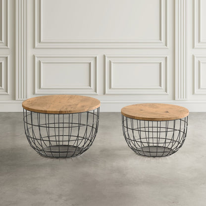 Rondo Nested Storage Solid Wood and Metal Basket Coffee Tables (Set of 2)