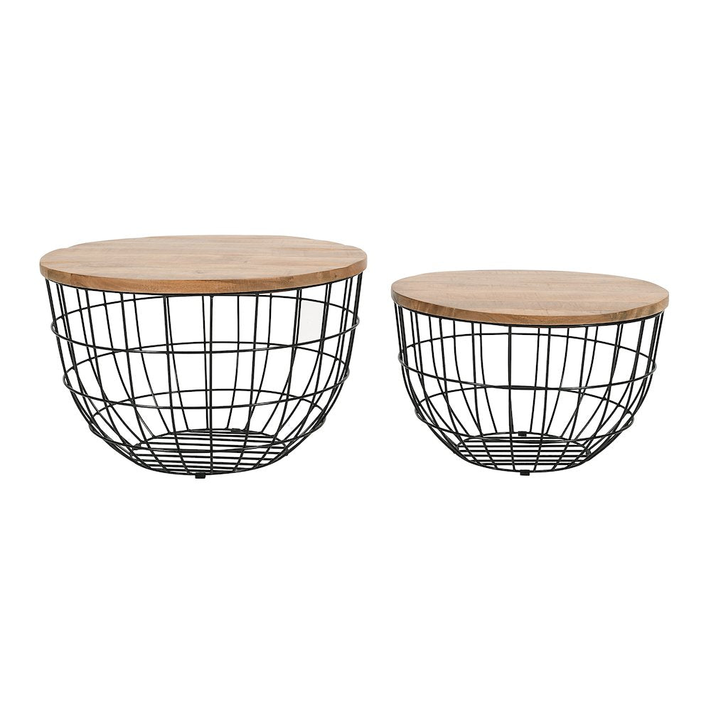 Rondo Nested Storage Solid Wood and Metal Basket Coffee Tables (Set of 2)