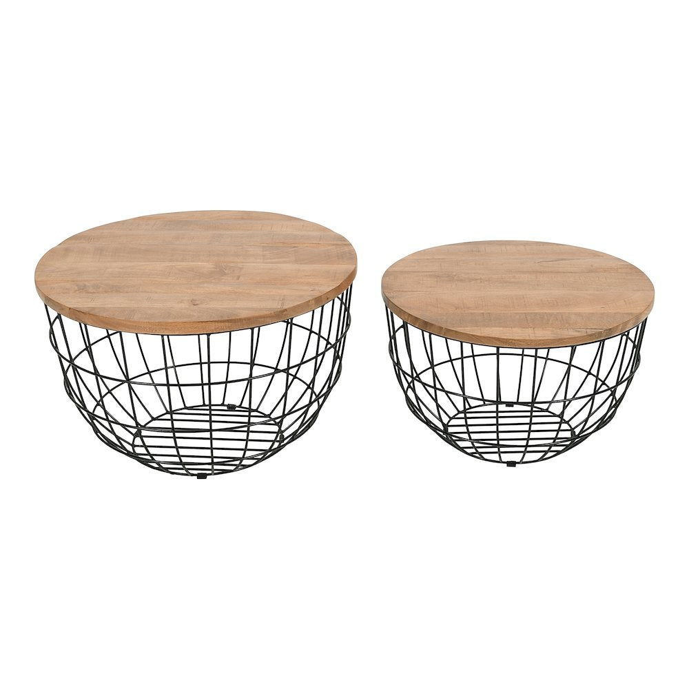 Rondo Nested Storage Solid Wood and Metal Basket Coffee Tables (Set of 2)