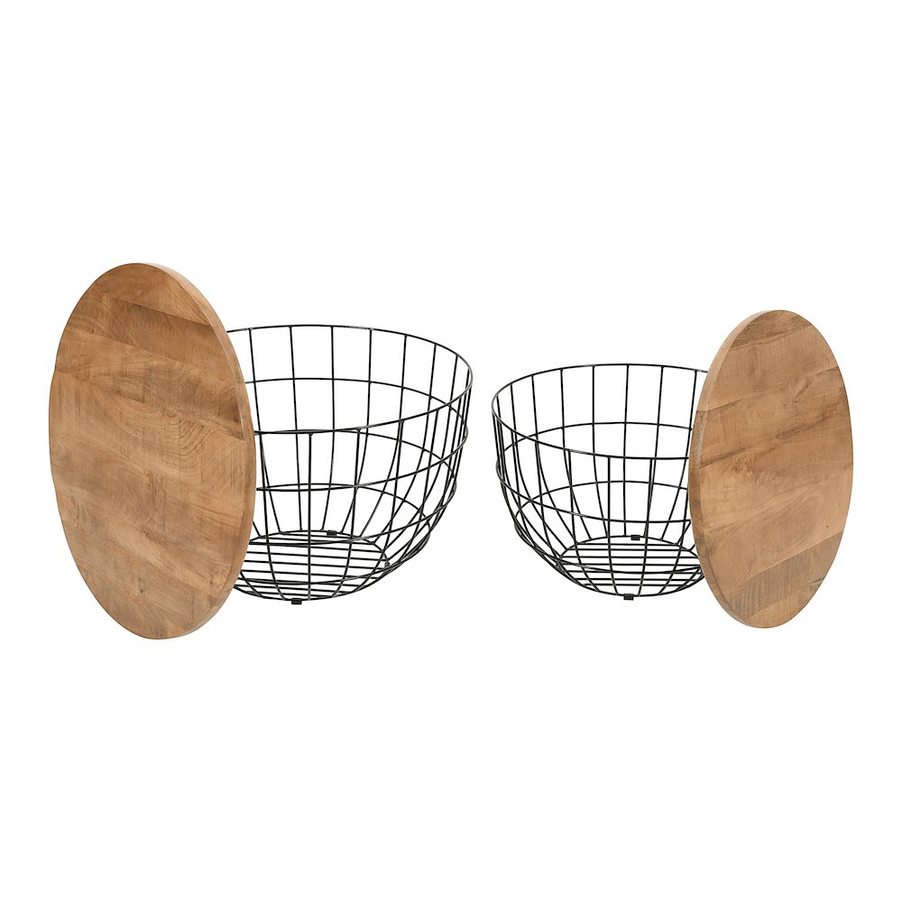 Rondo Nested Storage Solid Wood and Metal Basket Coffee Tables (Set of 2)