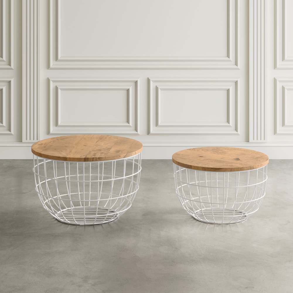 Rondo Nested Storage Solid Wood and Metal Basket Coffee Tables (Set of 2)