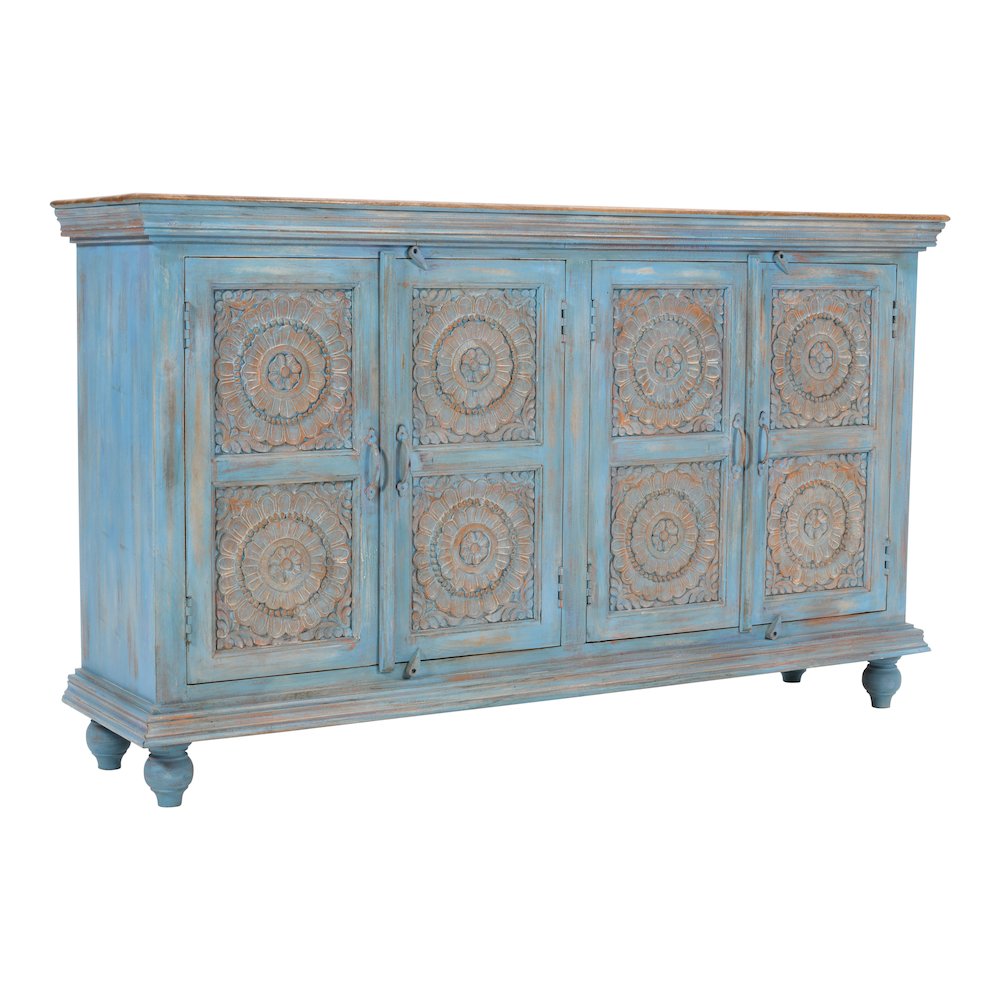 71" Solid Wood Boho Distressed Sideboard Cabinet with Artisan Carved Doors
