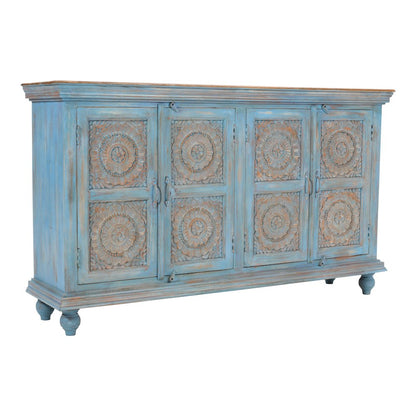 71" Solid Wood Boho Distressed Sideboard Cabinet with Artisan Carved Doors