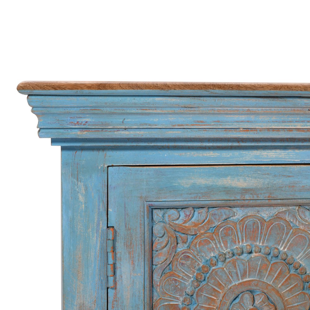 71" Solid Wood Boho Distressed Sideboard Cabinet with Artisan Carved Doors