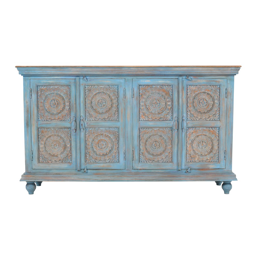 71" Solid Wood Boho Distressed Sideboard Cabinet with Artisan Carved Doors