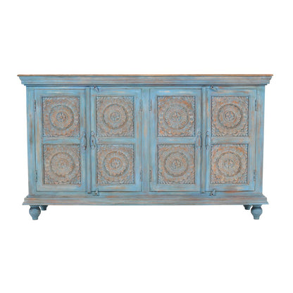 71" Solid Wood Boho Distressed Sideboard Cabinet with Artisan Carved Doors