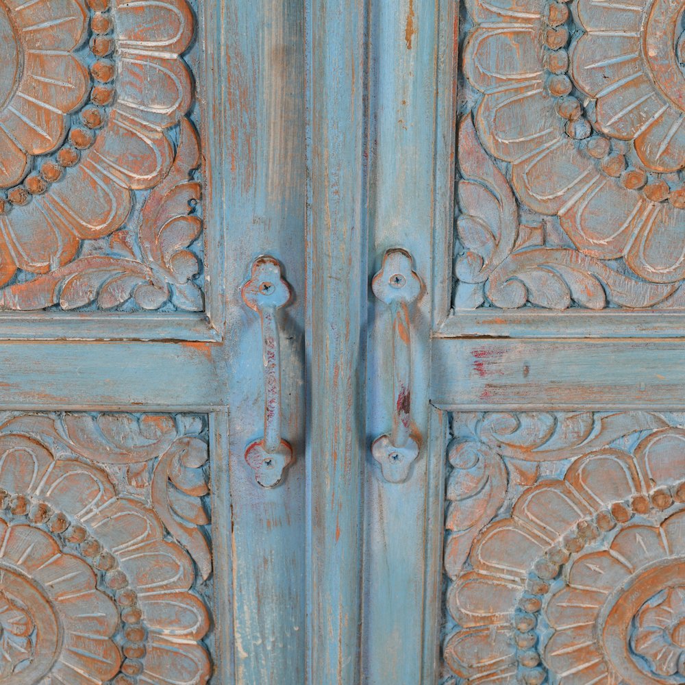 71" Solid Wood Boho Distressed Sideboard Cabinet with Artisan Carved Doors