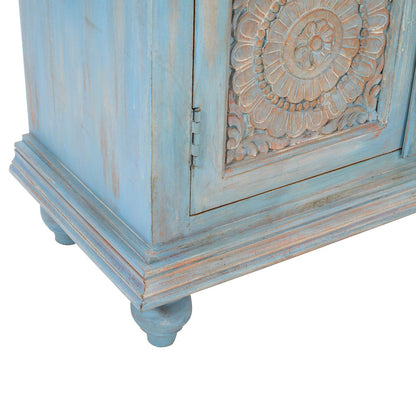 71" Solid Wood Boho Distressed Sideboard Cabinet with Artisan Carved Doors