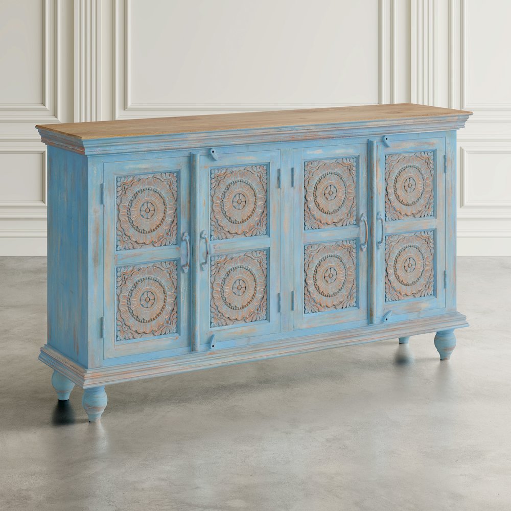 71" Solid Wood Boho Distressed Sideboard Cabinet with Artisan Carved Doors