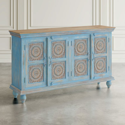 71" Solid Wood Boho Distressed Sideboard Cabinet with Artisan Carved Doors