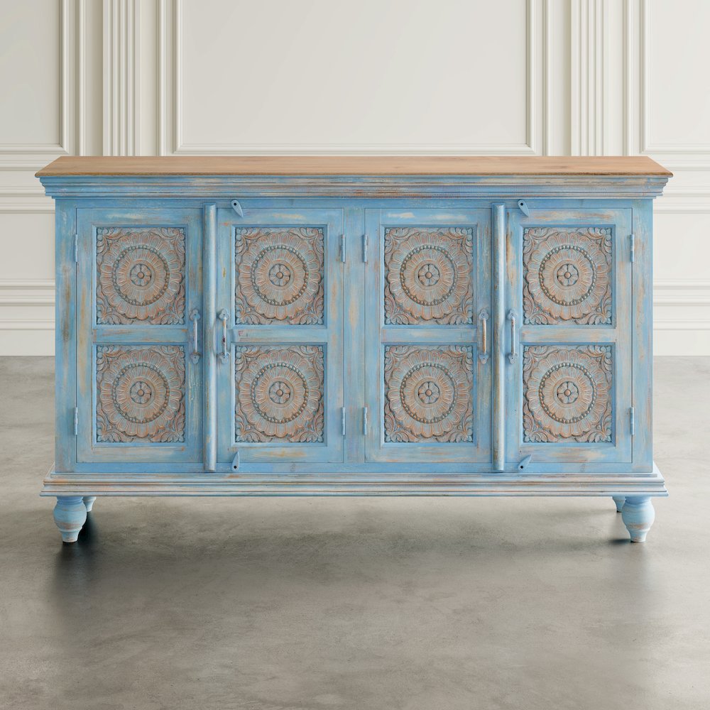 71" Solid Wood Boho Distressed Sideboard Cabinet with Artisan Carved Doors