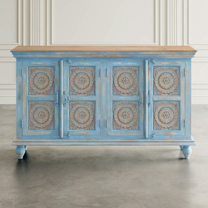 71" Solid Wood Boho Distressed Sideboard Cabinet with Artisan Carved Doors