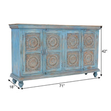 Mango Wood Sideboard Buffet Cabinet with Artisan Carved Doors, Antique Blue
