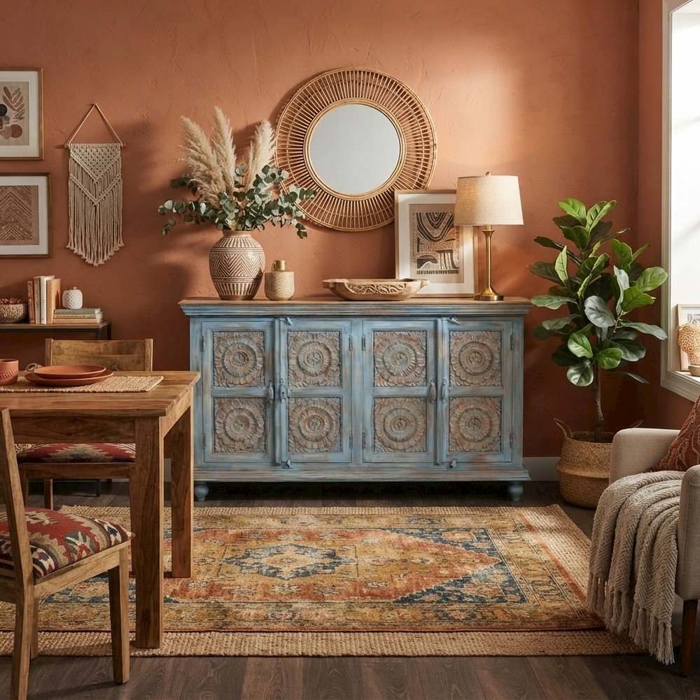 Mango Wood Sideboard Buffet Cabinet with Artisan Carved Doors, Antique Blue