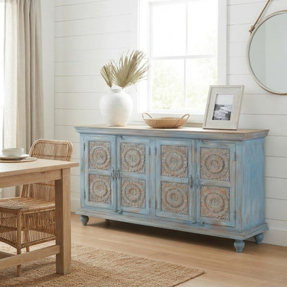 Mango Wood Sideboard Buffet Cabinet with Artisan Carved Doors, Antique Blue