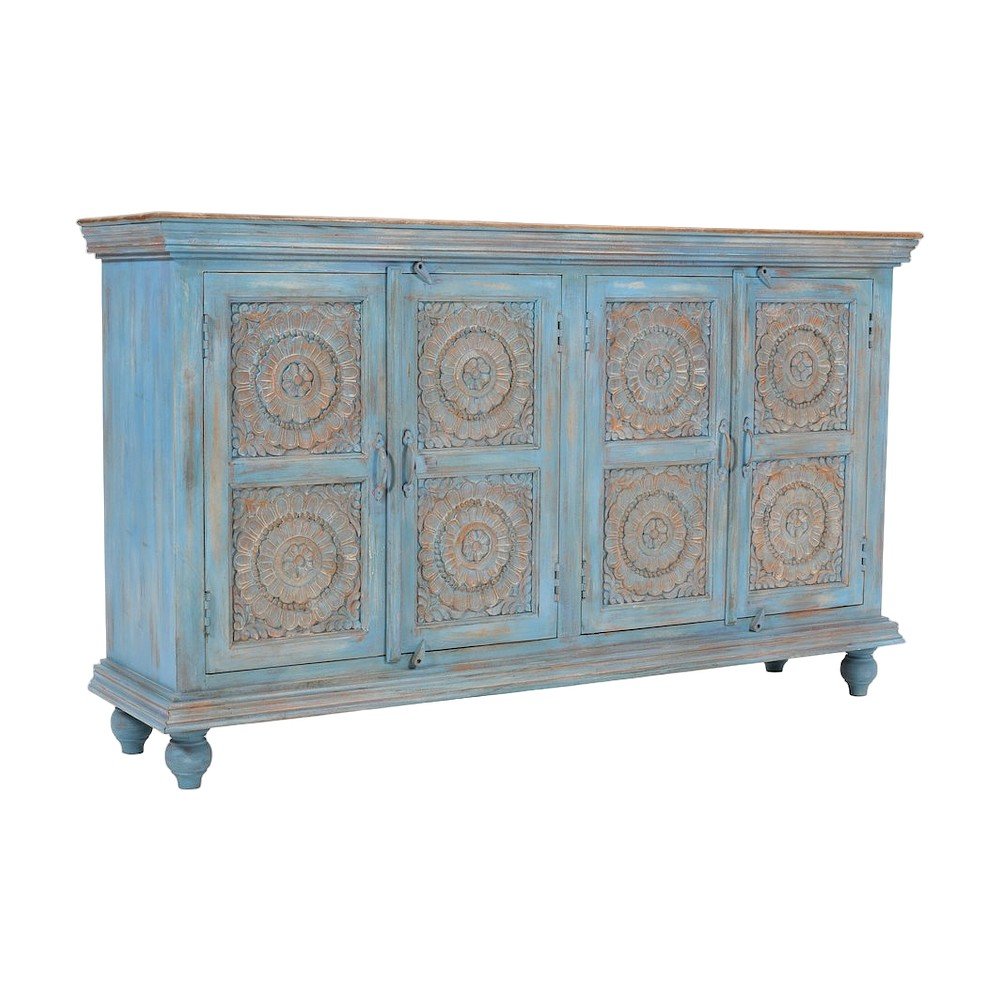 Mango Wood Sideboard Buffet Cabinet with Artisan Carved Doors, Antique Blue