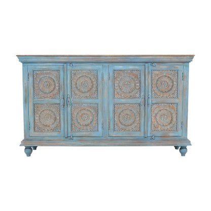 Mango Wood Sideboard Buffet Cabinet with Artisan Carved Doors, Antique Blue