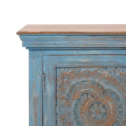Mango Wood Sideboard Buffet Cabinet with Artisan Carved Doors, Antique Blue