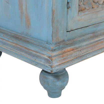 Mango Wood Sideboard Buffet Cabinet with Artisan Carved Doors, Antique Blue