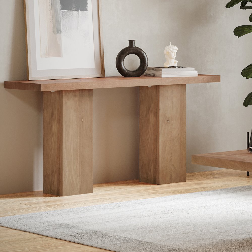 Modern Rustic 58" Solid Wood Double Pedestal Console Sofa Table