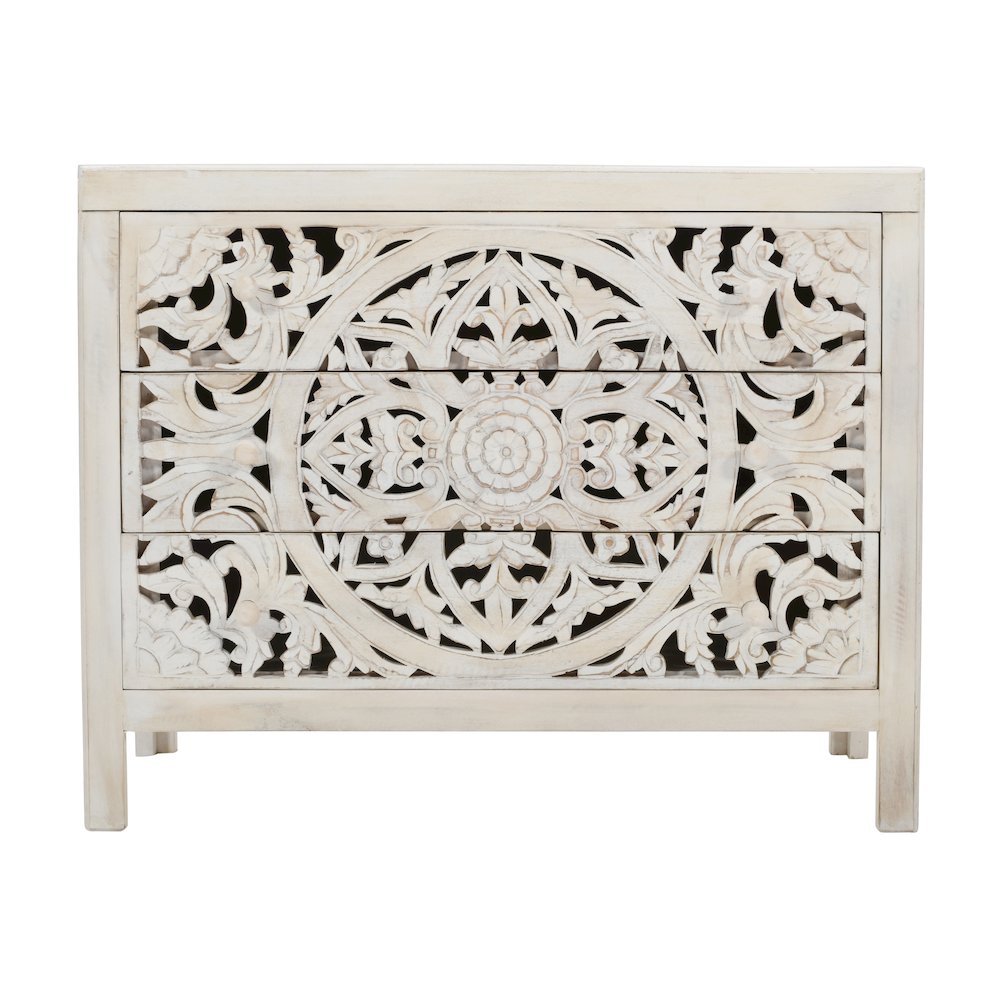 Jolie Rustic Solid Wood Global Boho Hand Carved Accent Chest with Three Drawers