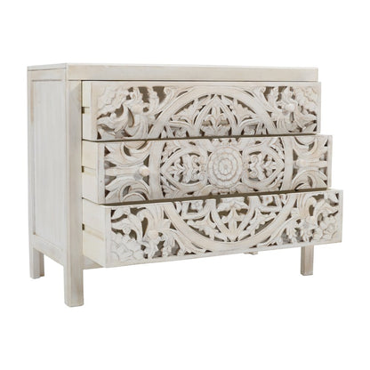 Jolie Rustic Solid Wood Global Boho Hand Carved Accent Chest with Three Drawers
