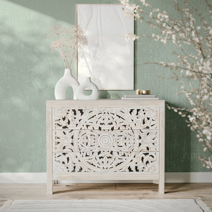 Jolie Rustic Solid Wood Global Boho Hand Carved Accent Chest with Three Drawers