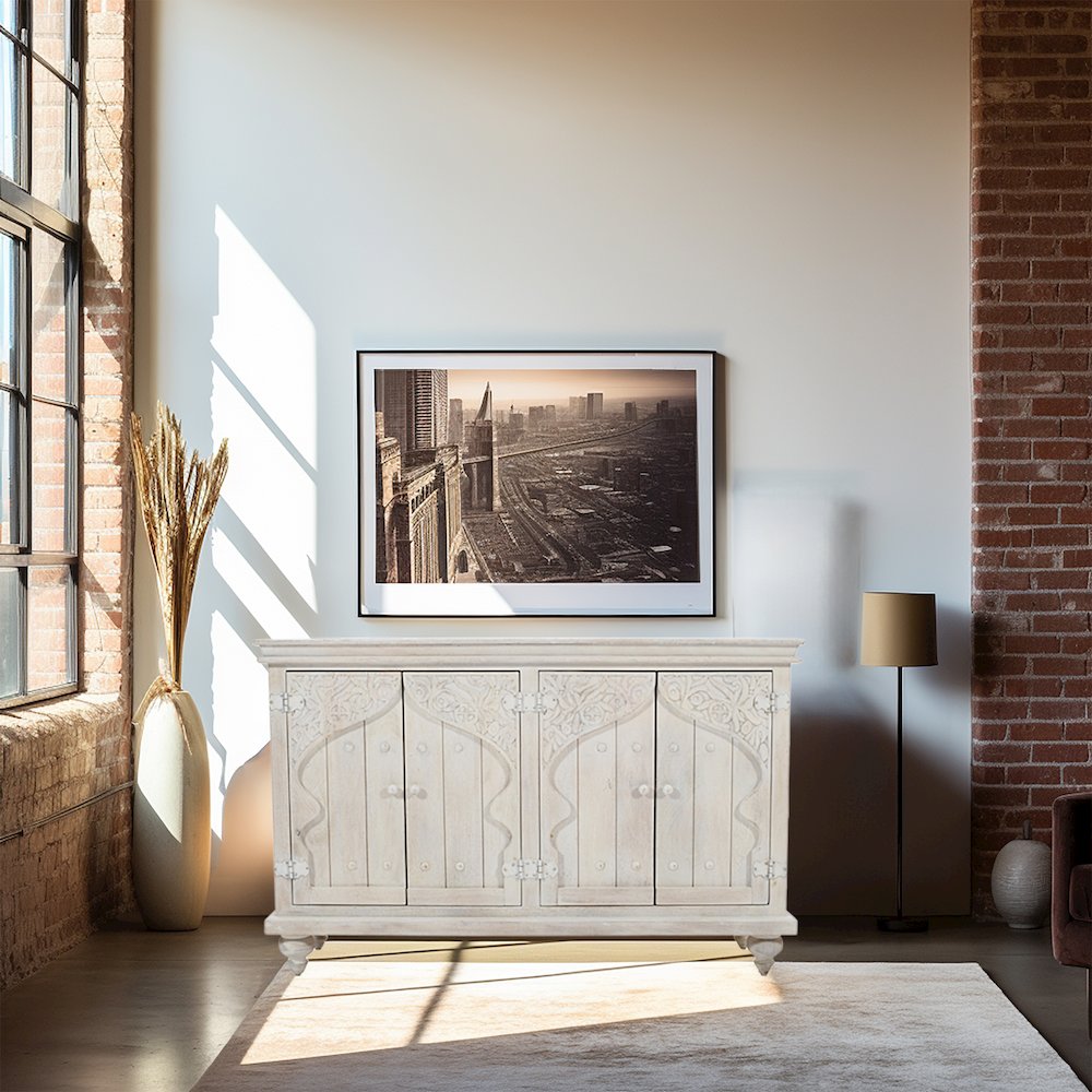 Taj 60" Hand Carved Solid Wood Global Bohemian Four-Door Sideboard Cabinet