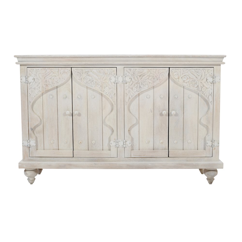 Hand-Carved Mango Wood Distressed Four-Door Sideboard Buffet Cabinet, White Wash