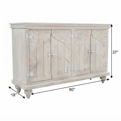 Hand-Carved Mango Wood Distressed Four-Door Sideboard Buffet Cabinet, White Wash